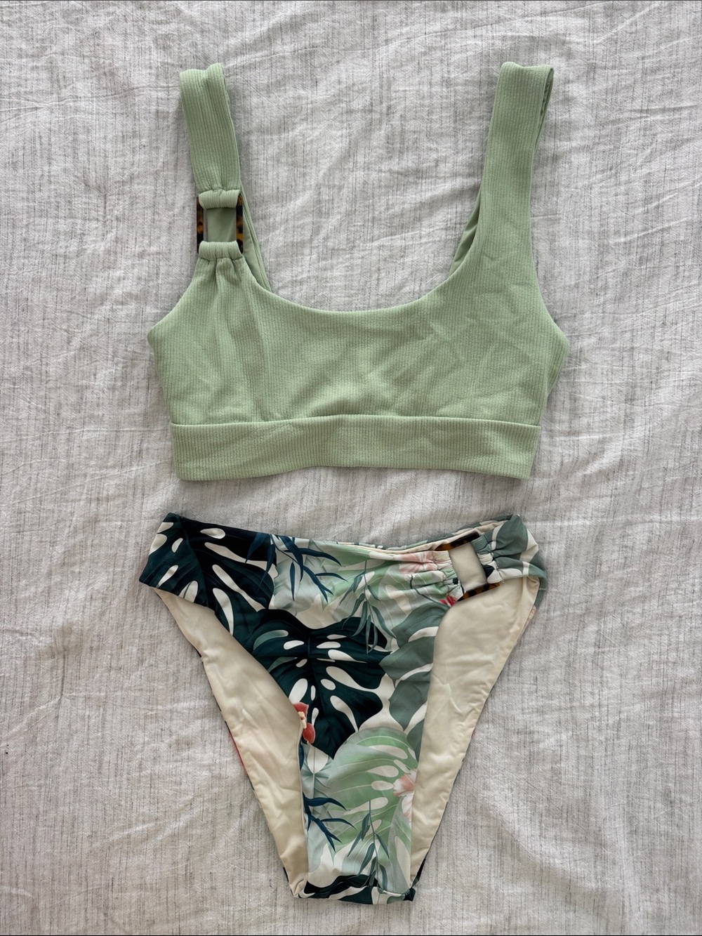 TOLUCA Swim Light Green Tank Bikini Top with Tropical Print Bottoms
